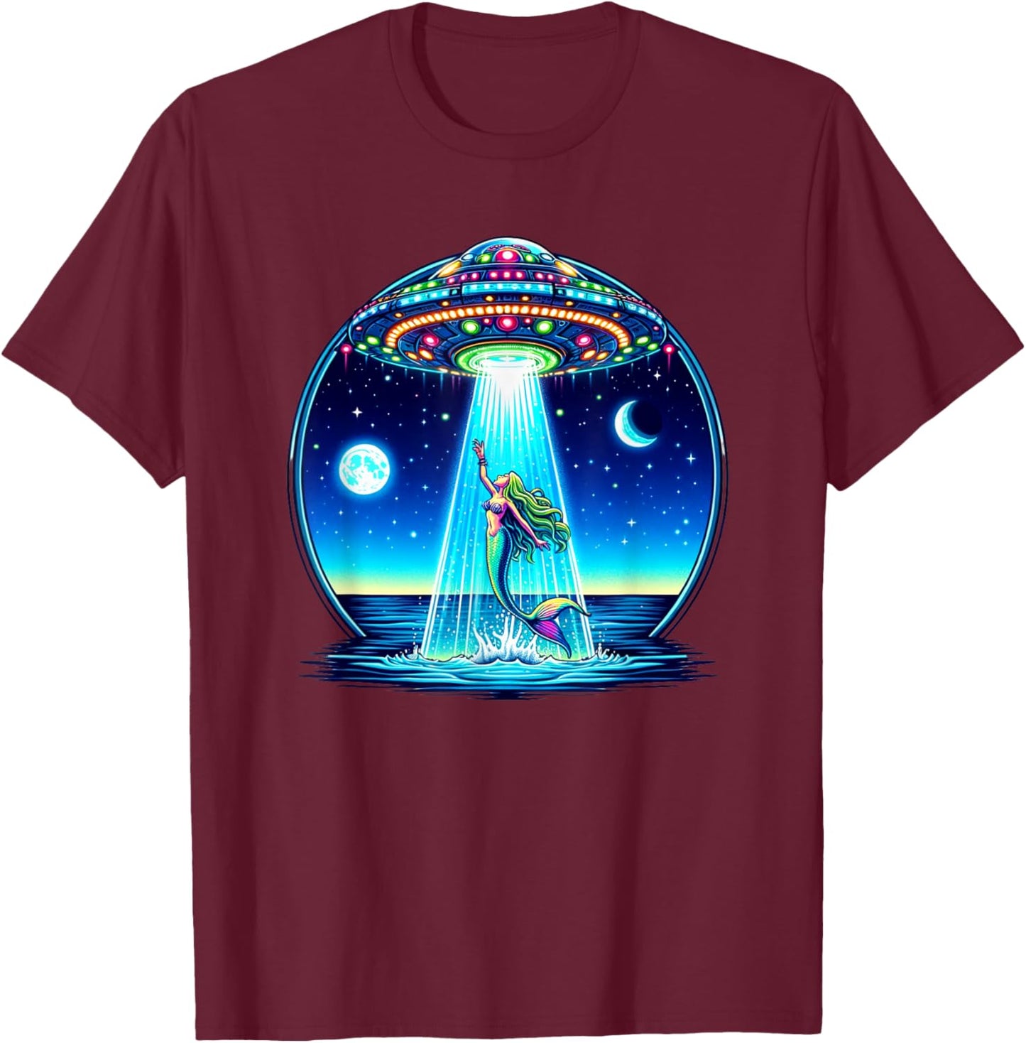 Mermaid Abduction Alien Invasion Funny UFO Spaceship T-Shirt - T-Shirt | Maroon