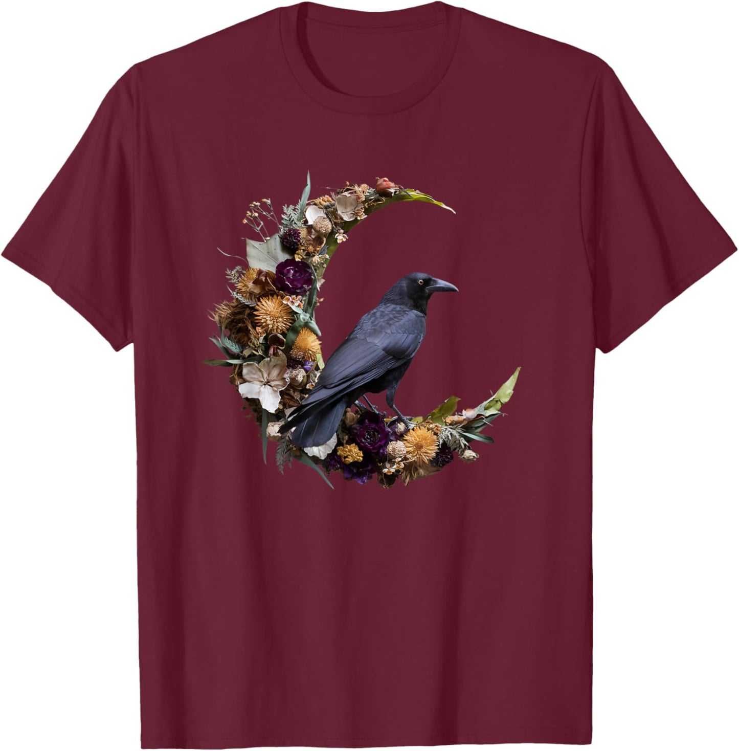 Gothic Crow Floral Moon Raven Goth Flowers Bird T-Shirt - T-Shirt | Maroon