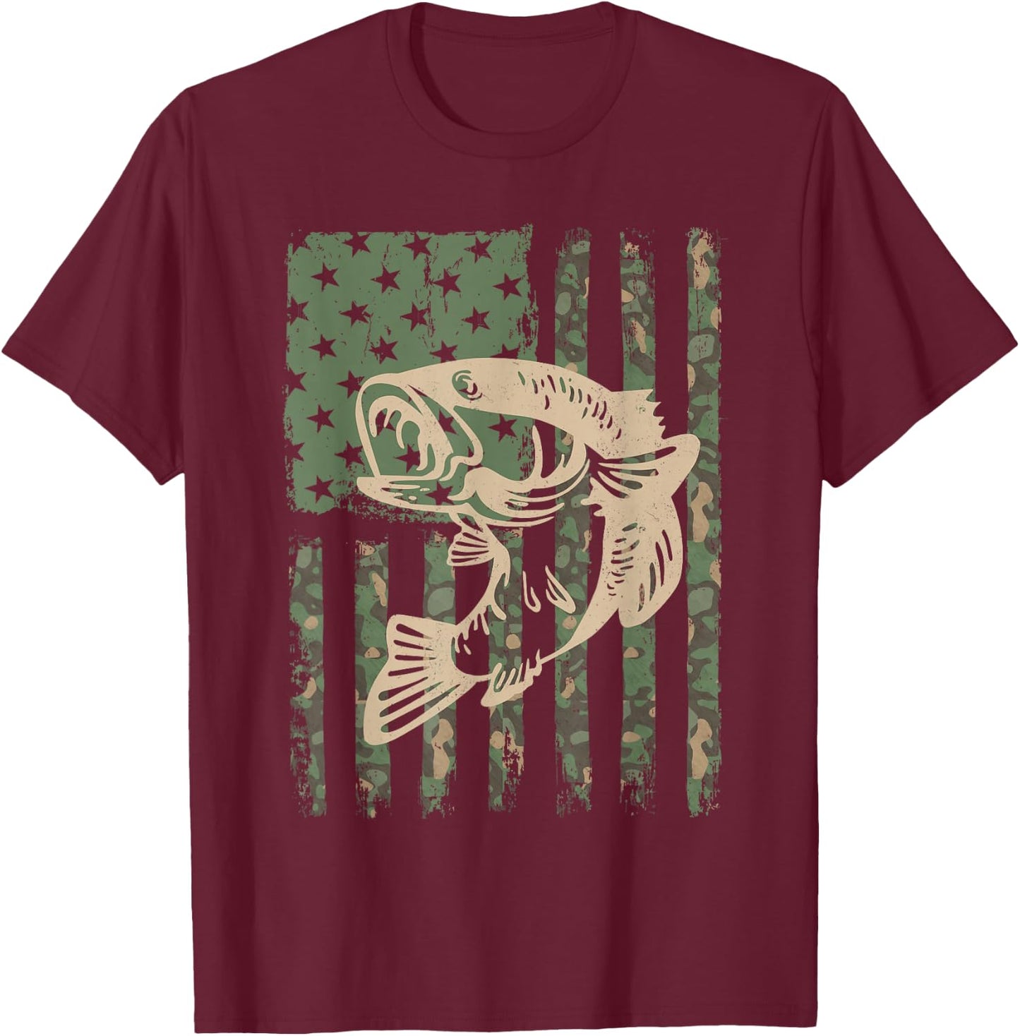 Camouflage USA Flag Big Mouth Bass Fishing T-Shirt - T-Shirt | Maroon