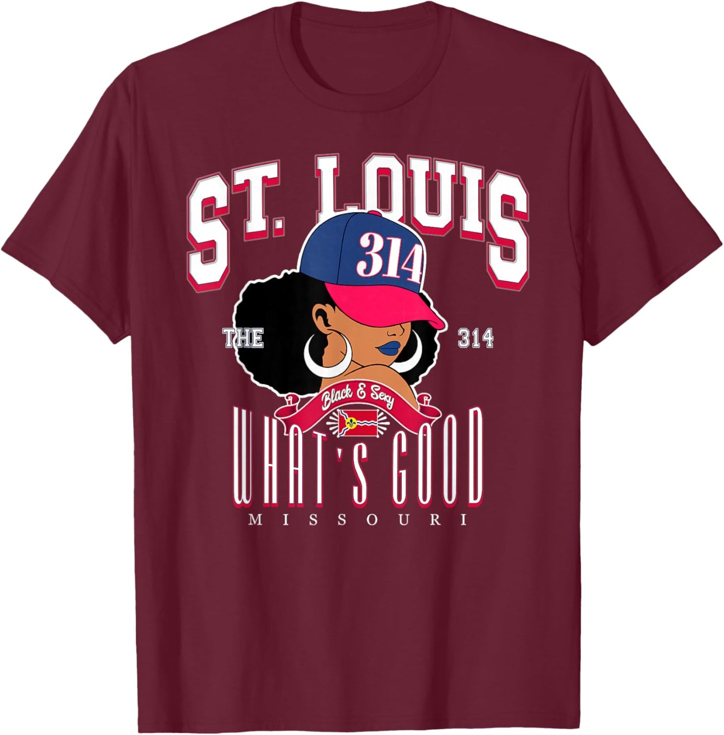 314 Area Code St. Louis Missouri Flag Afro Puff for Shawty T-Shirt - T-Shirt | Maroon