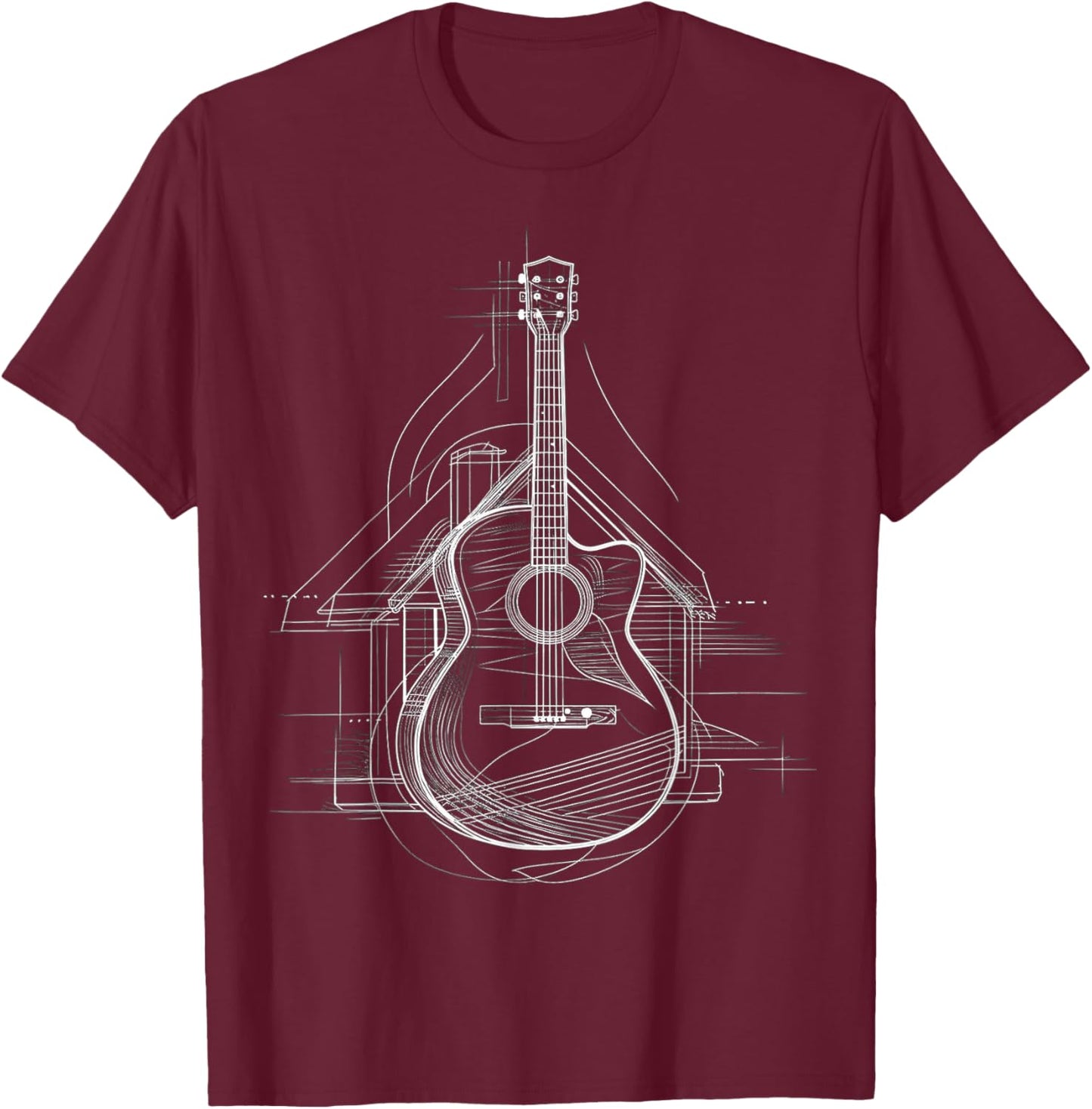 Guitar Musical Instrument Drawing House Art Guitar T-Shirt - T-Shirt | Maroon