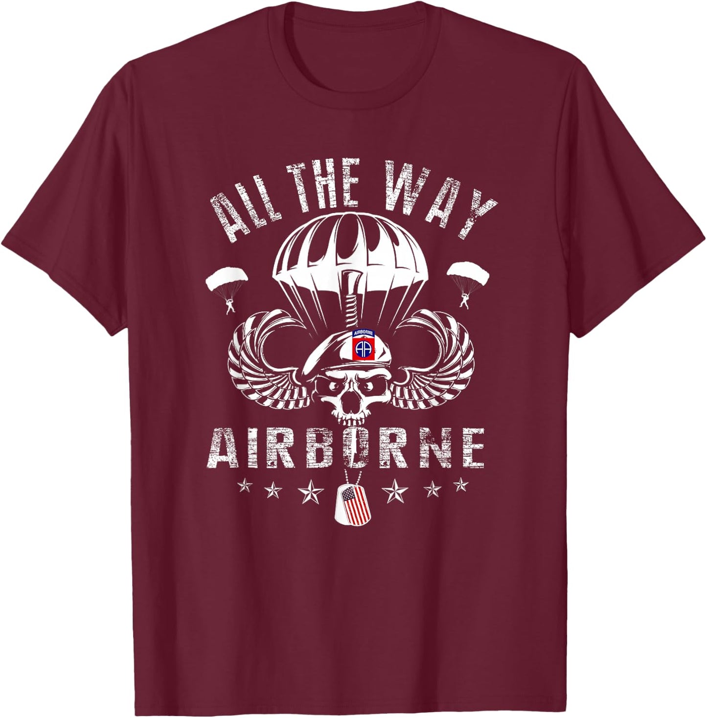 Vintage Army 82nd Airborne All The Way Skull Maroon Beret T-Shirt - T-Shirt | Maroon