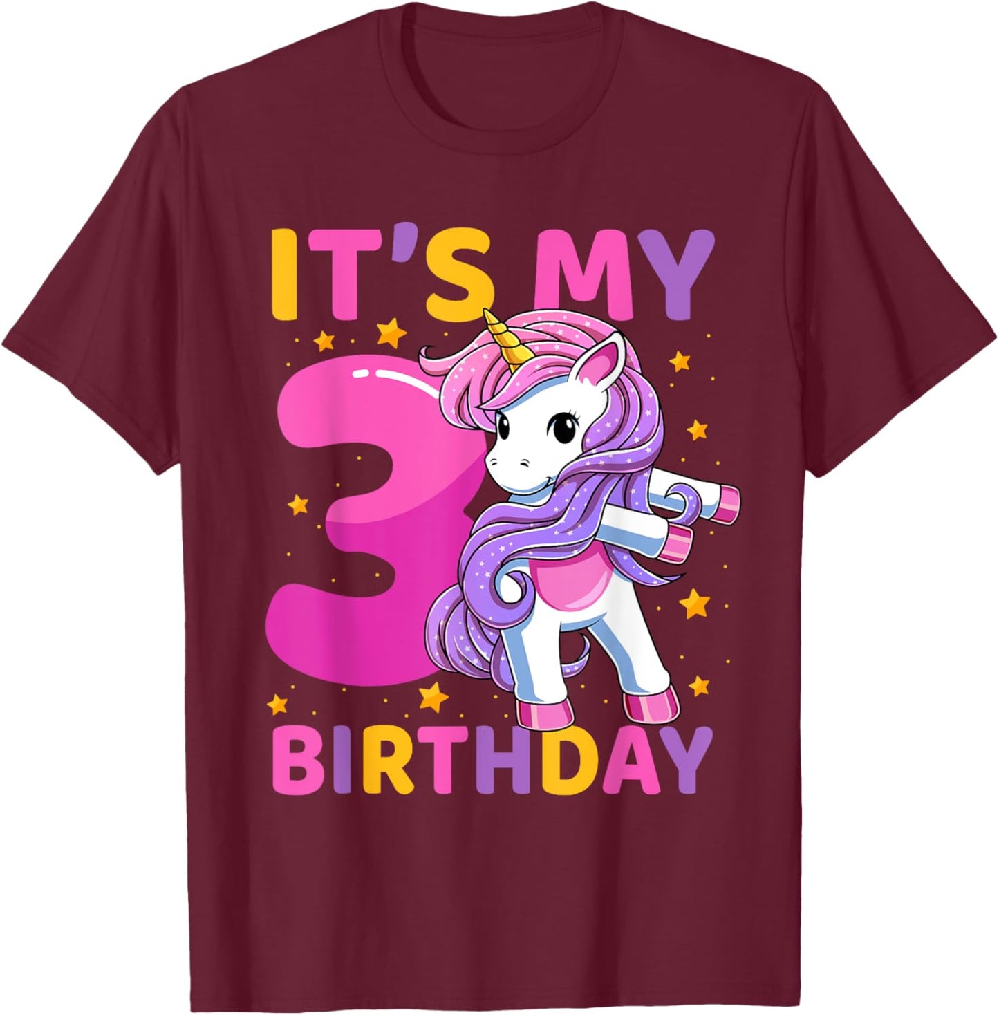 3 Years Old Unicorn Flossing 3rd Birthday Party Girls Kids T-Shirt - T-Shirt | Maroon