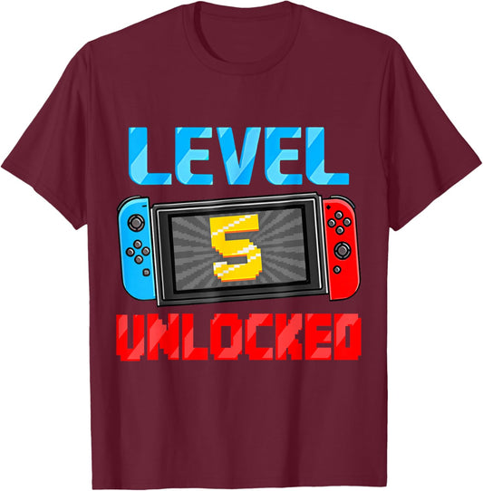 Level 5 Unlocked Gamer 5th Birthday Gift Video Game Boys T-Shirt - T-Shirt | Maroon