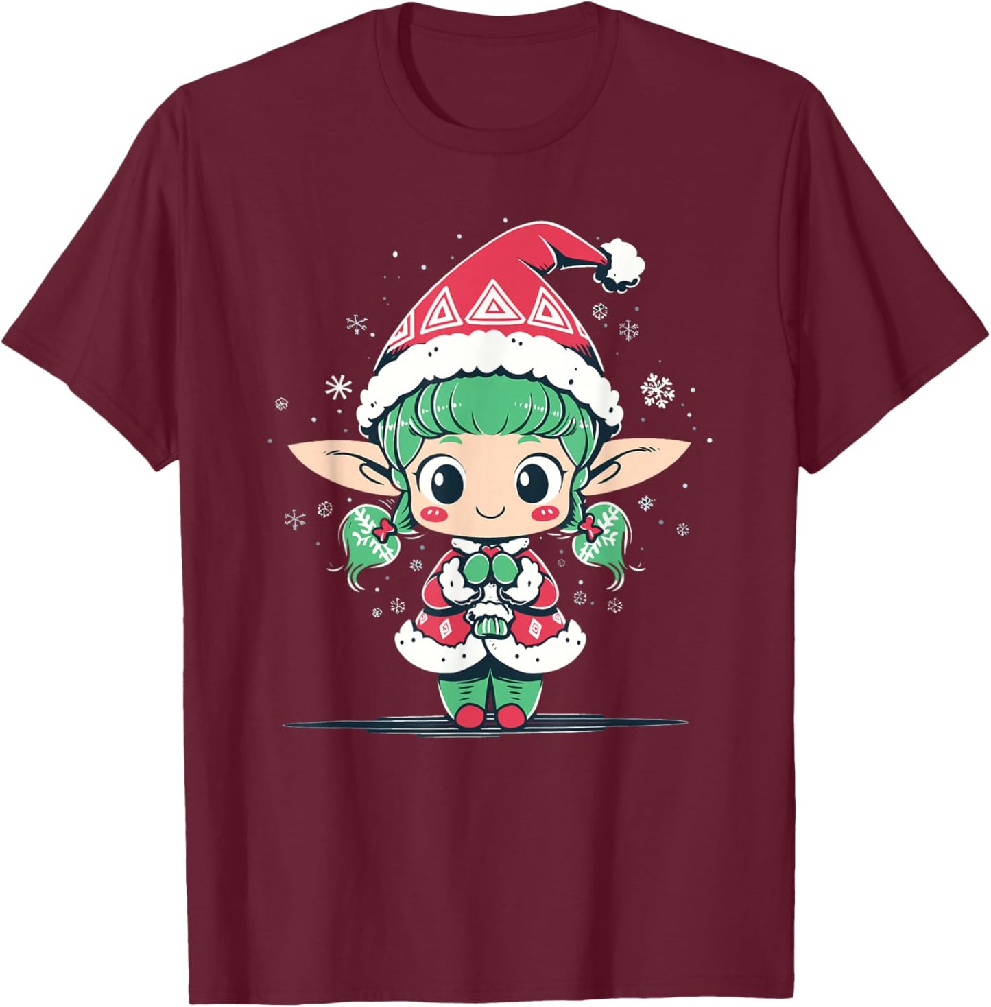 Cute Christmas Elf in Santa Claus Hat Little Girl Graphic T-Shirt - T-Shirt | Maroon