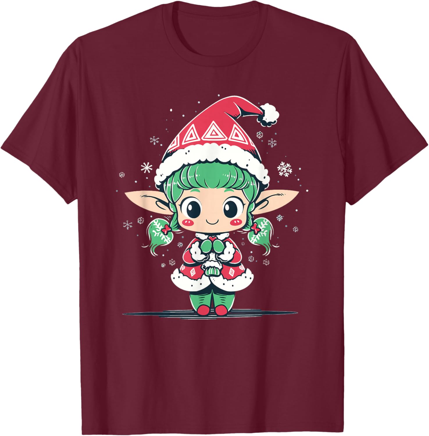Cute Christmas Elf in Santa Claus Hat Little Girl Graphic T-Shirt - T-Shirt | Maroon