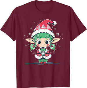Cute Christmas Elf in Santa Claus Hat Little Girl Graphic T-Shirt - T-Shirt | Maroon