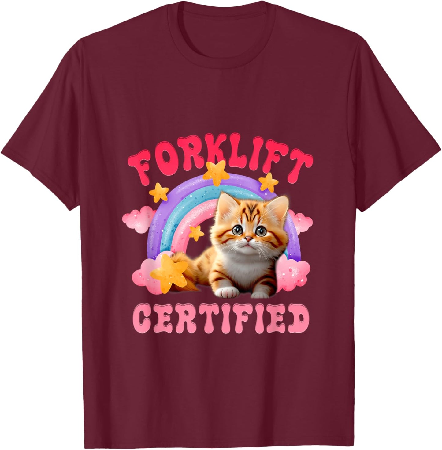 Cat Forklift Certified Funny Pink Boho Rainbow For Cat Lover T-Shirt - T-Shirt | Maroon