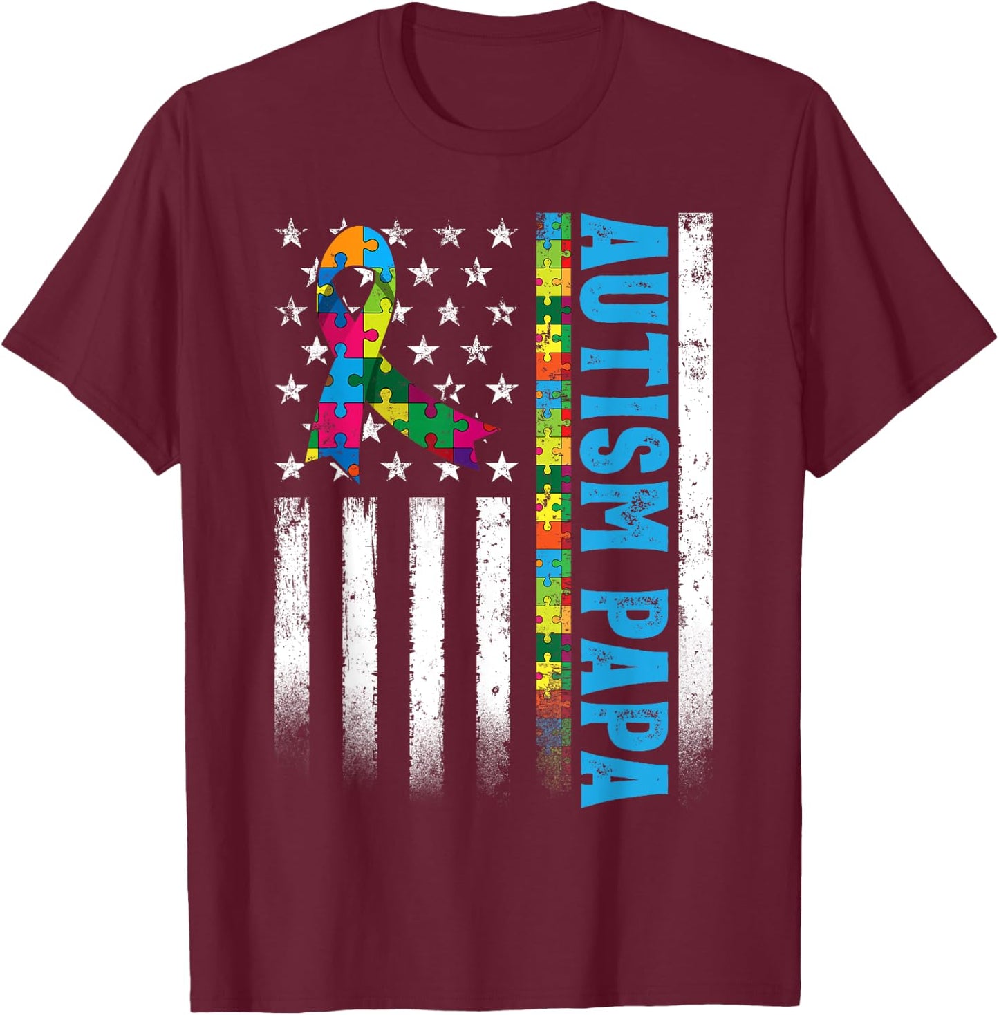 Retro American Flag Autism Papa Awareness Autistic T-Shirt - T-Shirt | Maroon