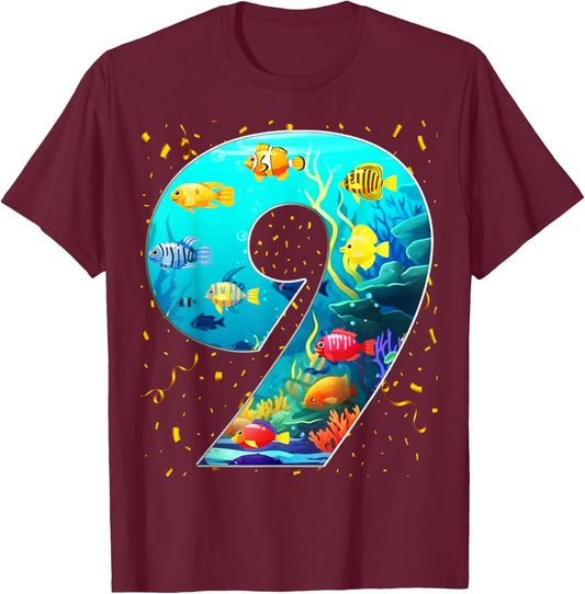 9th Birthday Party 9 Year Old Sea Fish Aquarium Birthday Boy T-Shirt - T-Shirt | Maroon