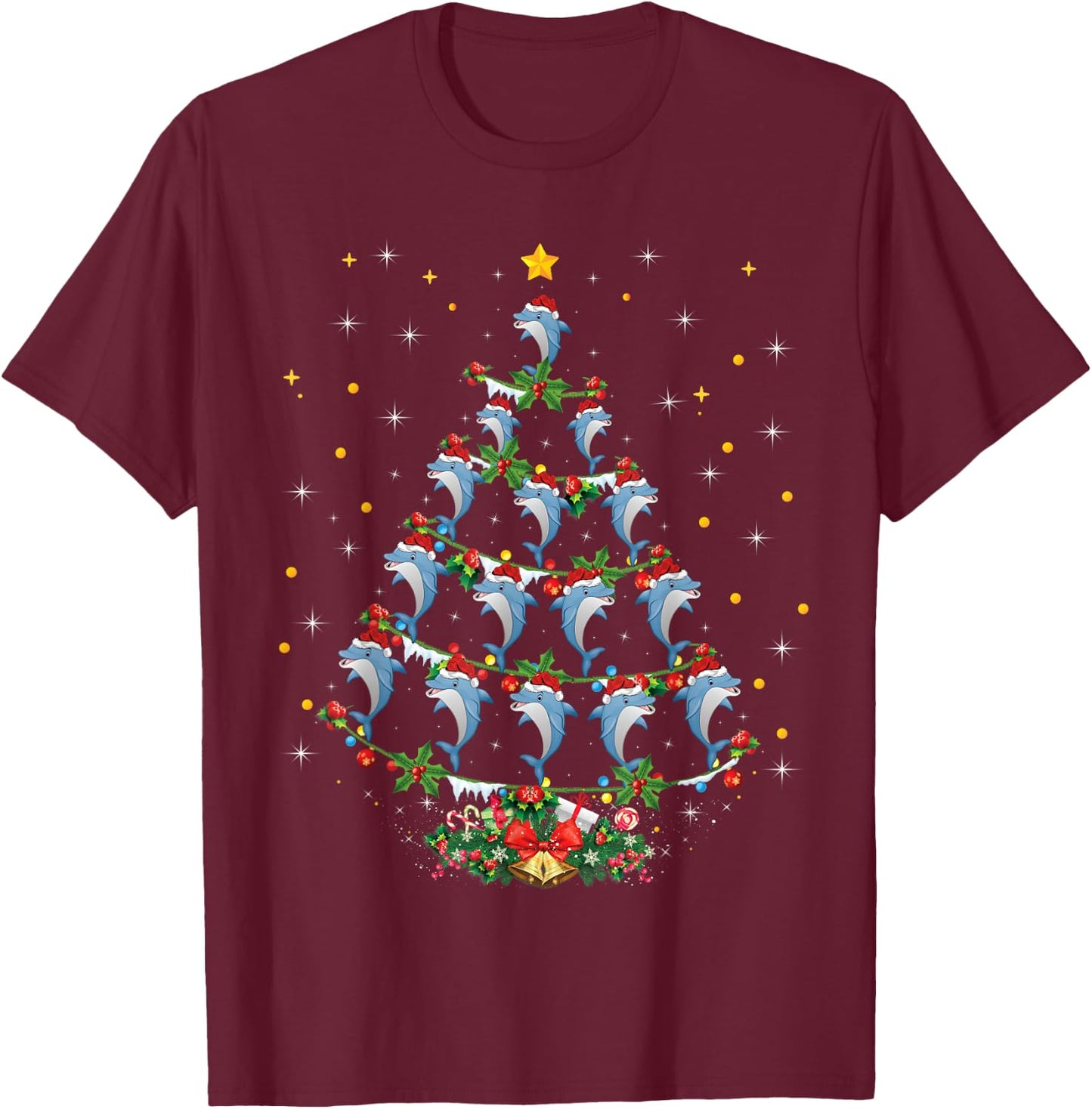 Santa Dolphin Fish Lover Xmas Gift Dolphin Christmas Tree T-Shirt - T-Shirt | Maroon