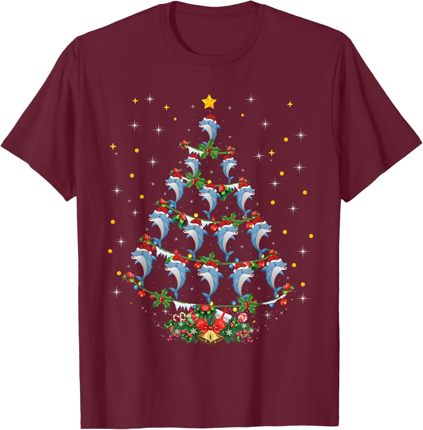 Santa Dolphin Fish Lover Xmas Gift Dolphin Christmas Tree T-Shirt - T-Shirt | Maroon