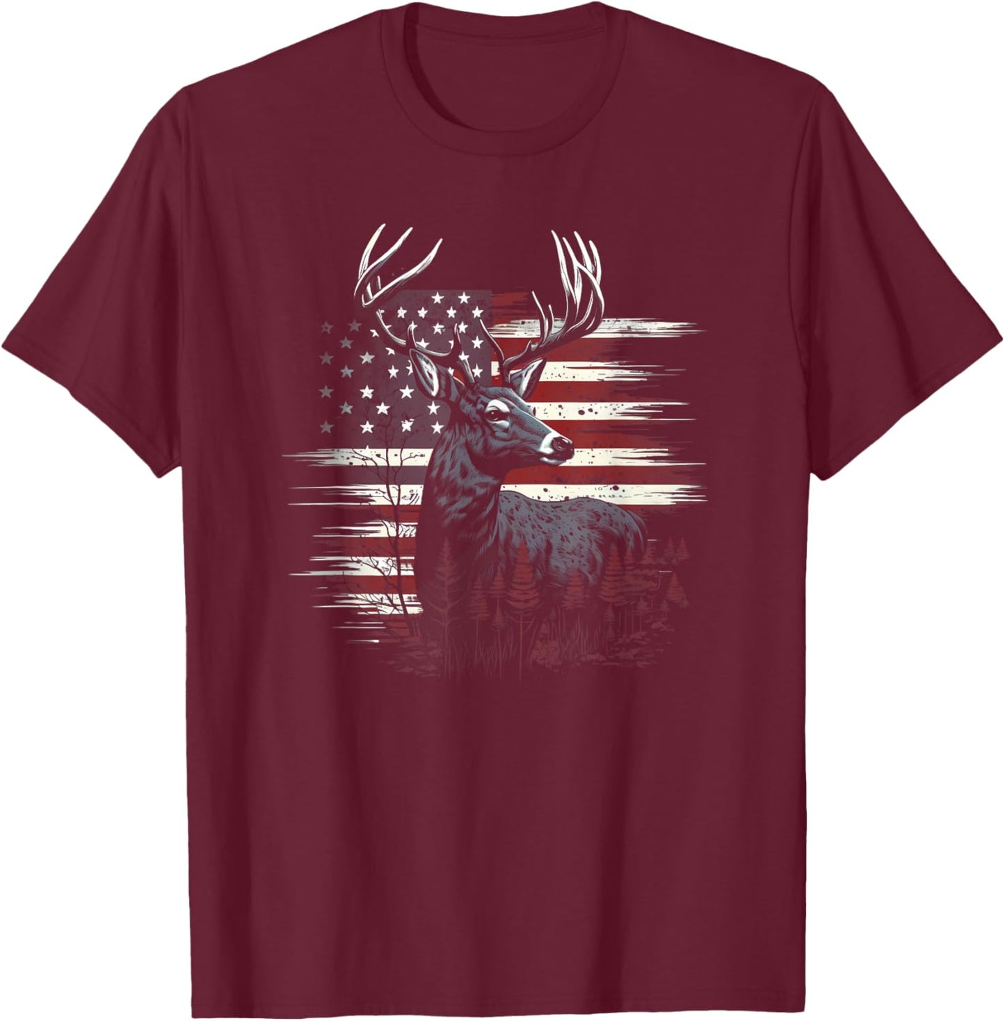 Deer Hunting American Flag Whitetail Buck Antlers T-Shirt - T-Shirt | Maroon