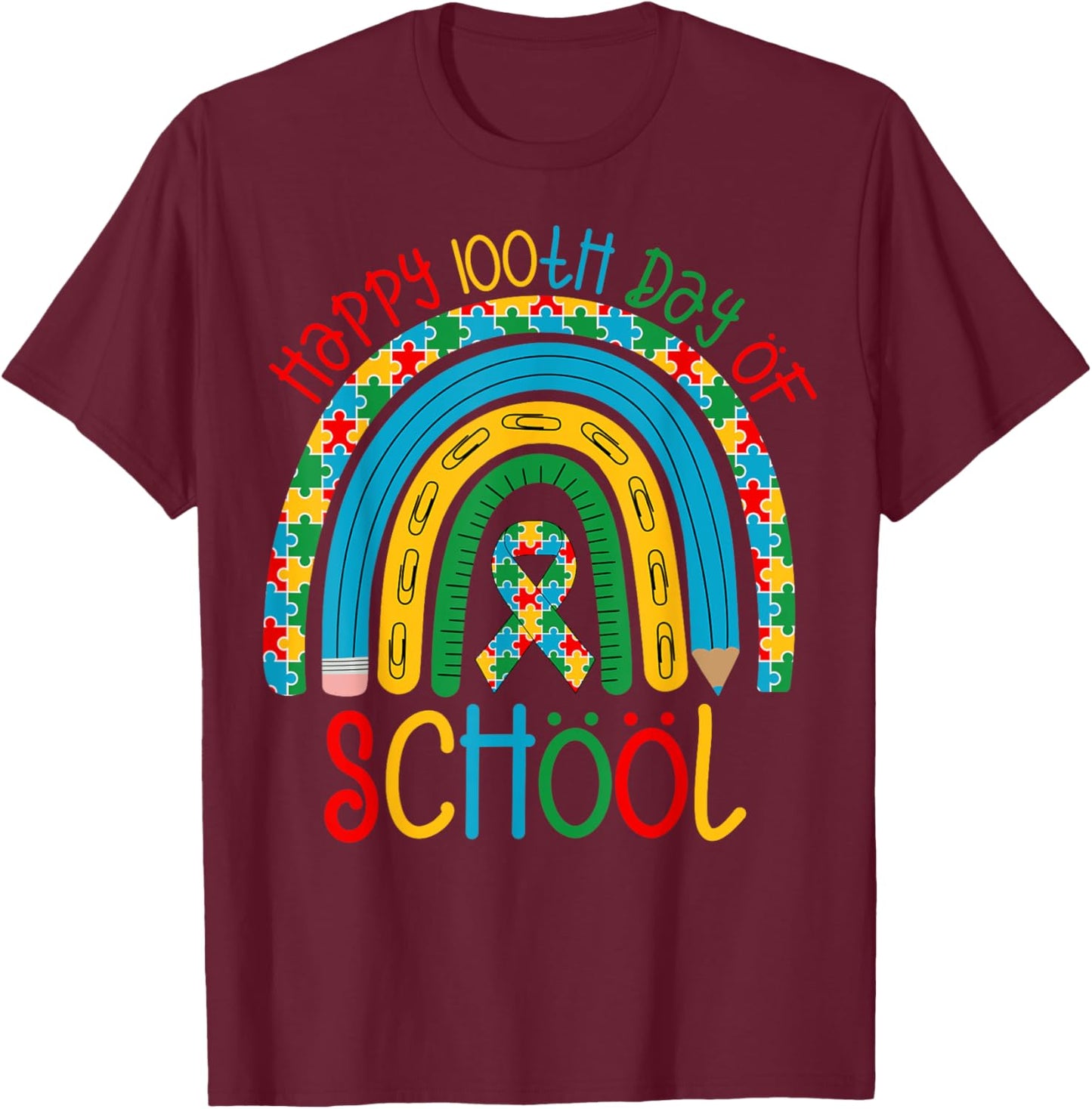 Happy 100th Days of School - Autism Puzzle Ribbon Awareness T-Shirt - T-Shirt | Maroon