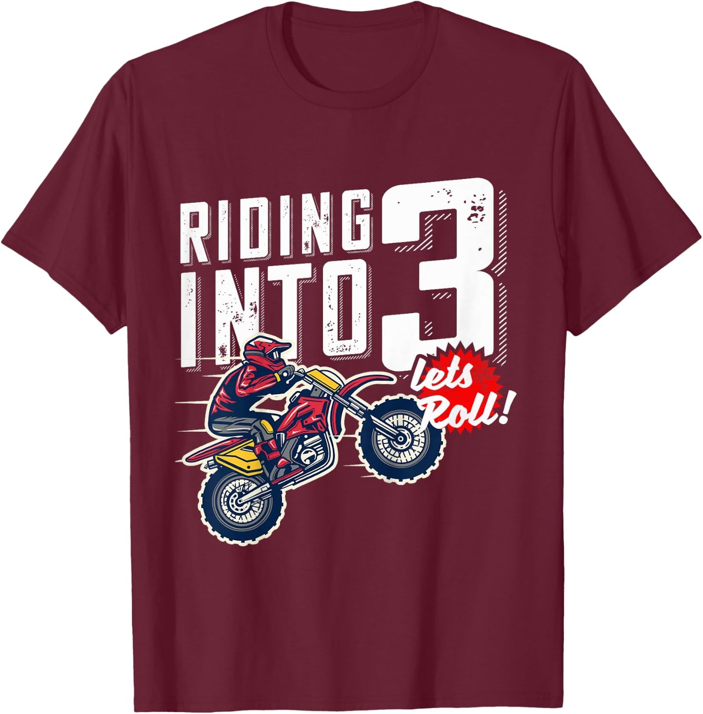 3rd Birthday Motor Cross, Dirt Bike, Birthday Riding Into 3 T-Shirt - T-Shirt | Maroon