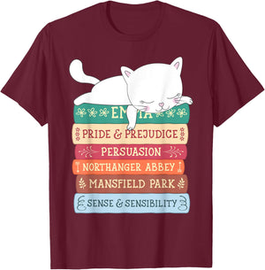 Jane Austen Book Stack Funny Literary Literature T-Shirt - T-Shirt | Maroon