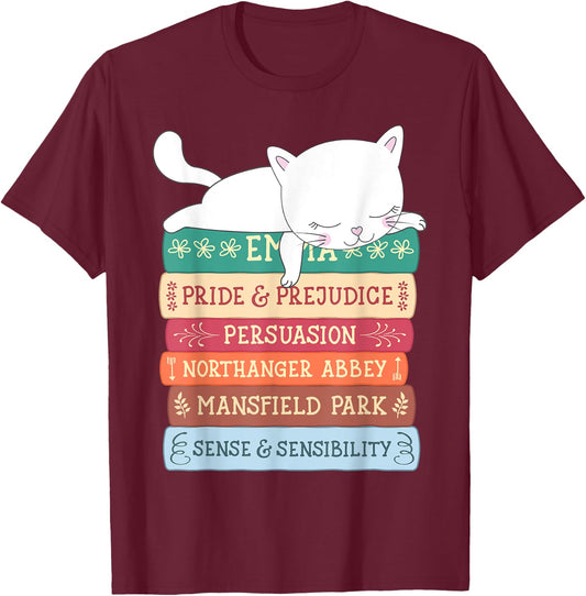 Jane Austen Book Stack Funny Literary Literature T-Shirt - T-Shirt | Maroon