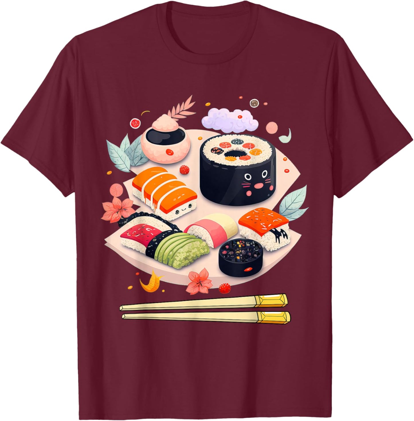 Happy Sushi Anime Kawaii Set Japanese Food Lover Otaku Manga T-Shirt - T-Shirt | Maroon