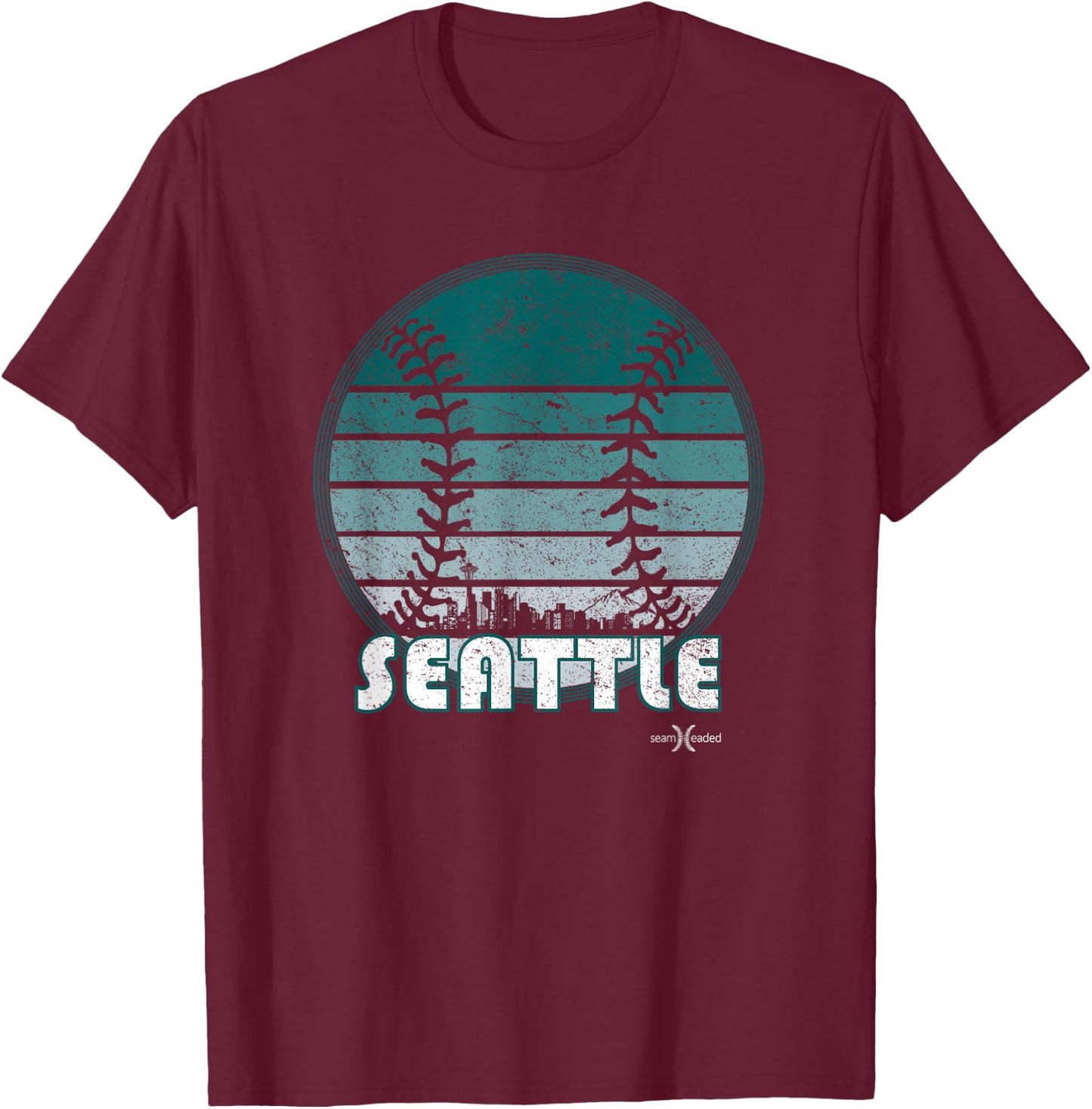 Vintage Seattle Baseball Sunset with Retro City Skyline T-Shirt - T-Shirt | Maroon
