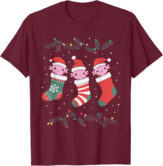 Adults -Kids Axolotl Christmas Black Small T-Shirt - T-Shirt | Maroon