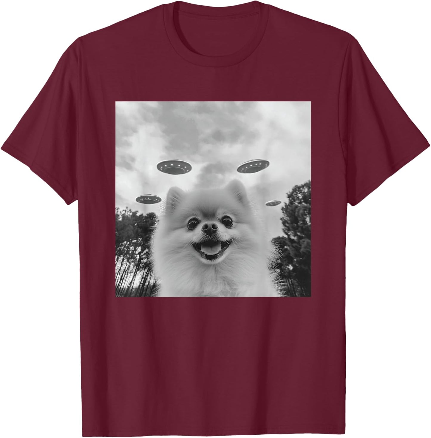 Cute Pomeranian Dog Selfie With UFO UAP Invasion Alien T-Shirt - T-Shirt | Maroon
