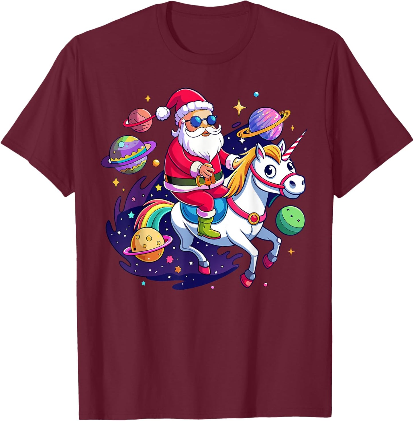 Christmas Santa Riding Unicorn Cute Xmas Holiday Girls Women T-Shirt - T-Shirt | Maroon