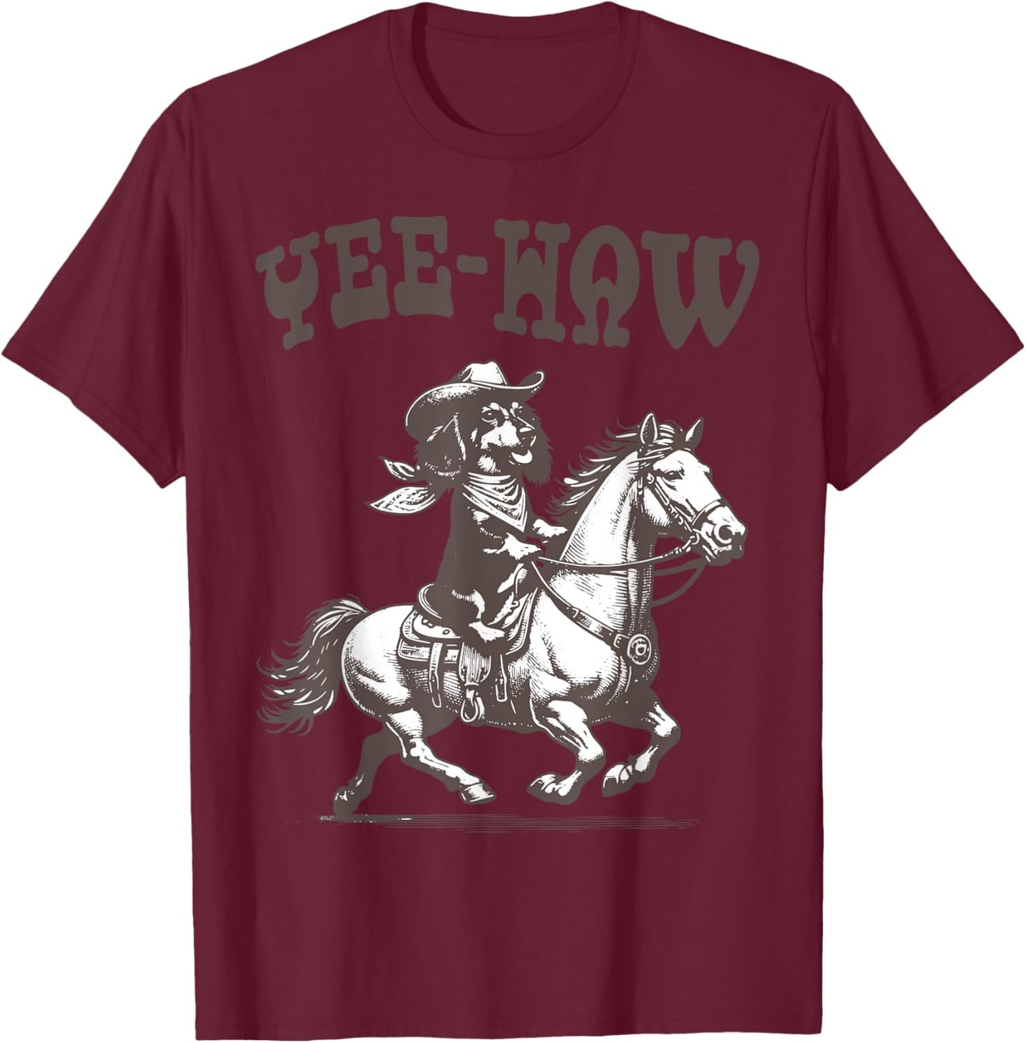 Retro 90s Cowboy Dachshund Riding A Horse Western Funny T-Shirt - T-Shirt | Maroon
