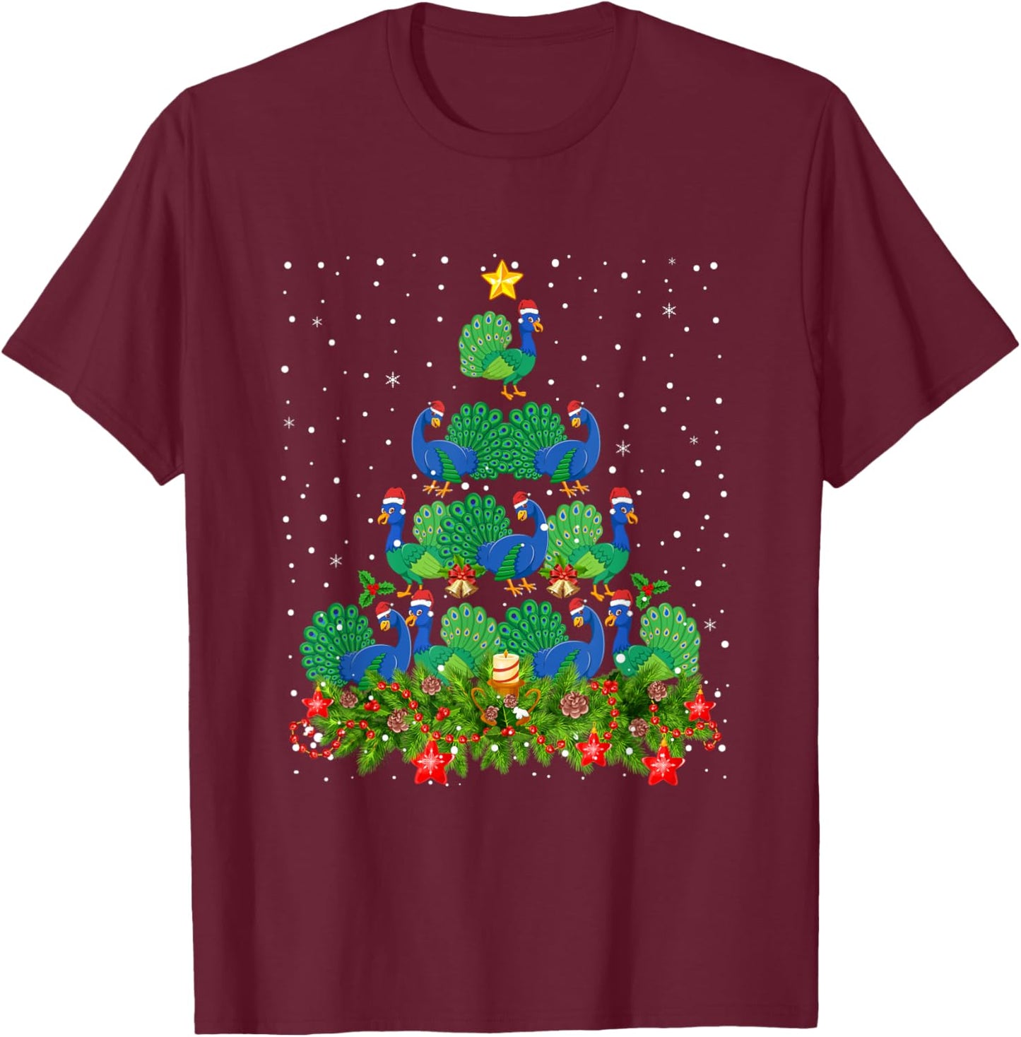 Peacock Bird Xmas Tree - Santa Hat Peacock Christmas T-Shirt - T-Shirt | Maroon