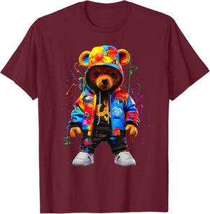 Hip-Hop Teddy-Bear Colorful Teddybear with Graphic T-Shirt - T-Shirt | Maroon