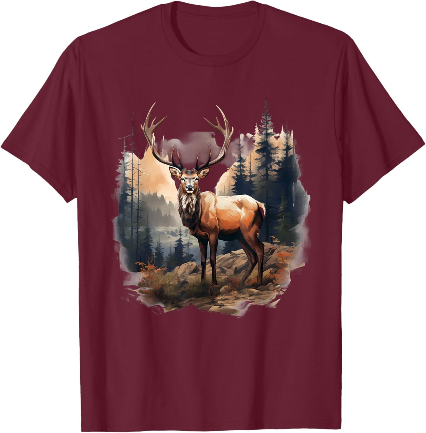Deer Forest Landscape Wildlife Artwork Nature Animal Lovers T-Shirt - T-Shirt | Maroon