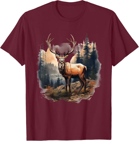 Deer Forest Landscape Wildlife Artwork Nature Animal Lovers T-Shirt - T-Shirt | Maroon