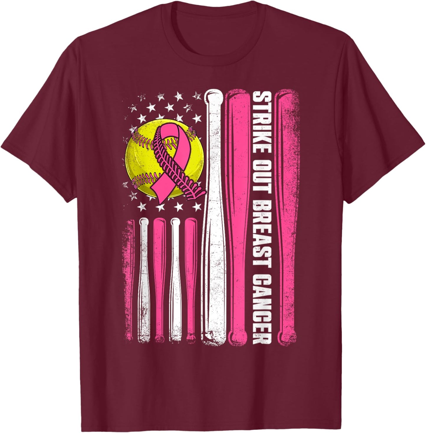 Strike Out Breast Cancer Softball American Flag Women Girls T-Shirt - T-Shirt | Maroon