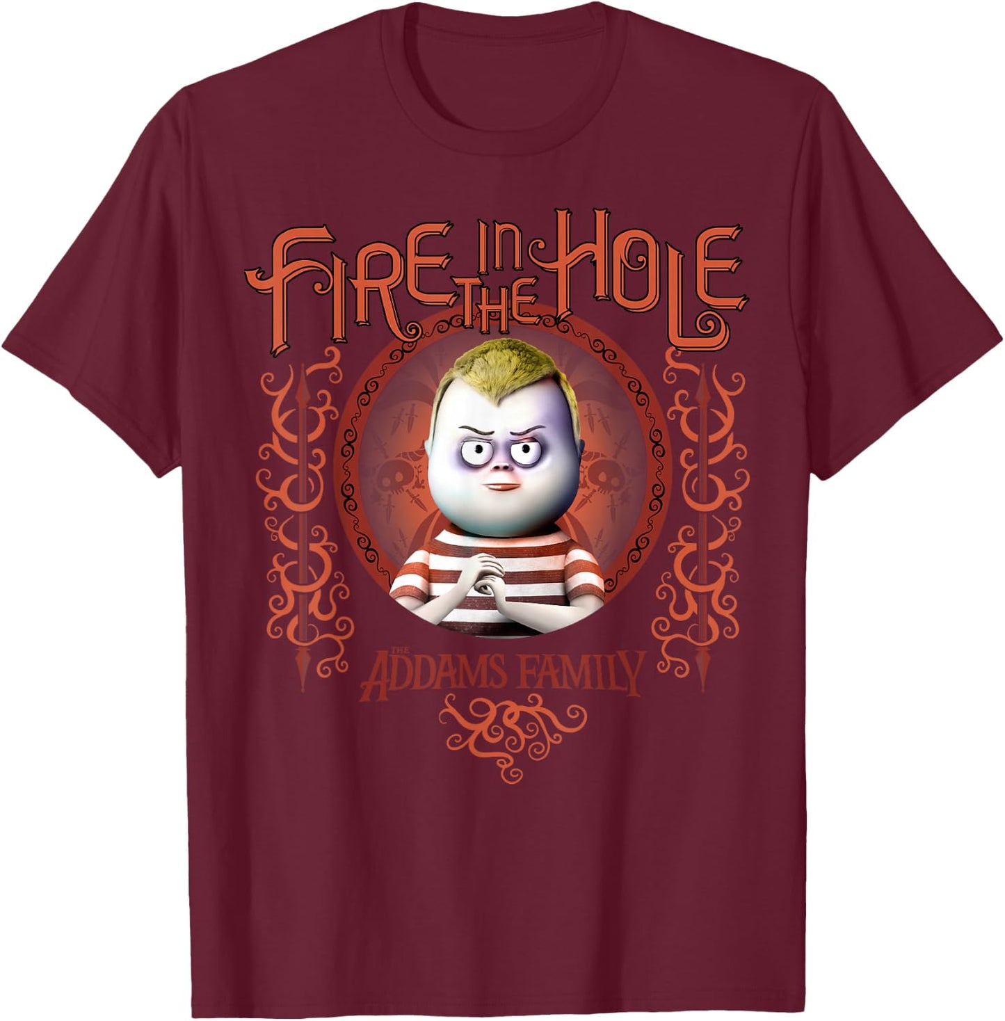 Addams Family Pugsley Addams Fire in The Hole Portrait Small T-Shirt - T-Shirt | Maroon