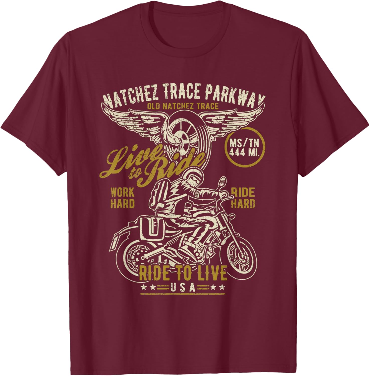 Natchez Trace Parkway MS TN USA Motorcycle Distressed Design T-Shirt - T-Shirt | Maroon