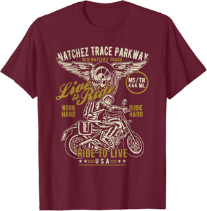 Natchez Trace Parkway MS TN USA Motorcycle Distressed Design T-Shirt - T-Shirt | Maroon