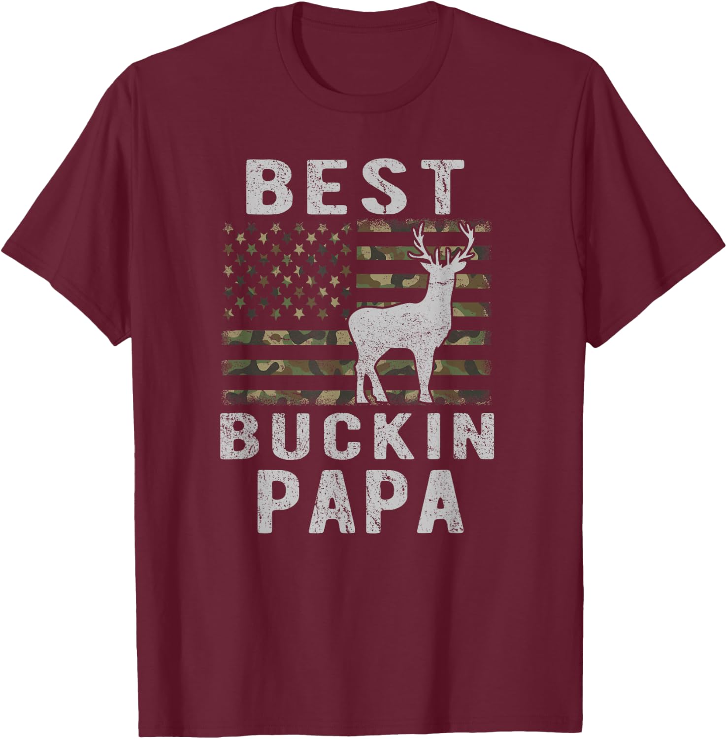 Best Bucking Papa Camouflage American Flag Deer Hunting T-Shirt - T-Shirt | Maroon
