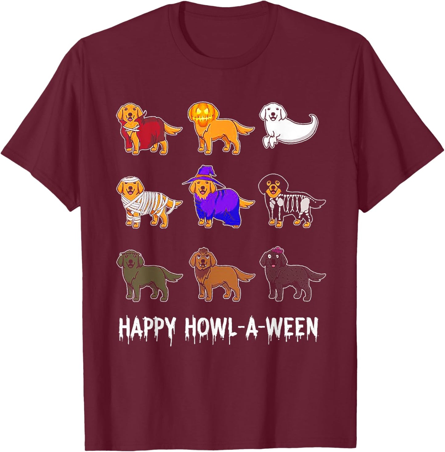 Funny Golden Retriever Dog Halloween Happy Howl-o-ween Men Women Kids T-Shirt - T-Shirt | Maroon