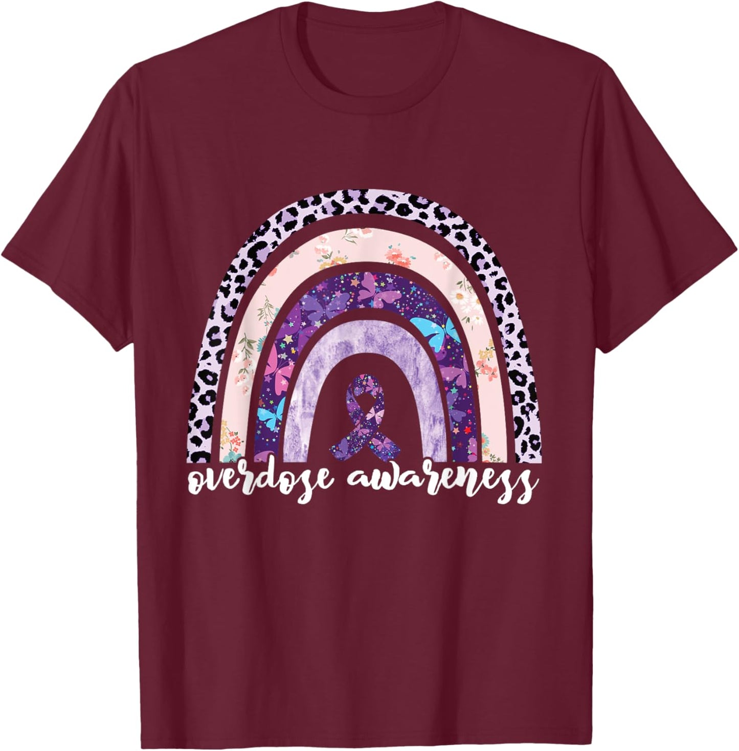 Overdose Awareness Purple Ribbon Drug Addiction Rainbow T-Shirt - T-Shirt | Maroon