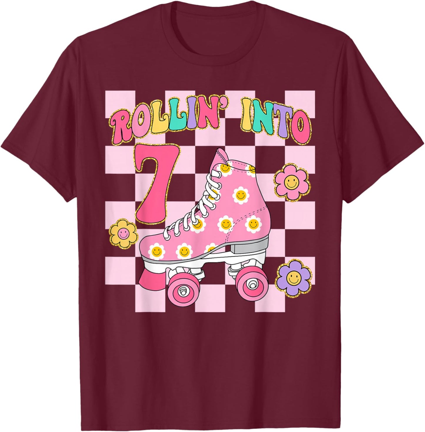 Rolling Into 7 Years Old Girl 7th Birthday Roller Skater T-Shirt - T-Shirt | Maroon