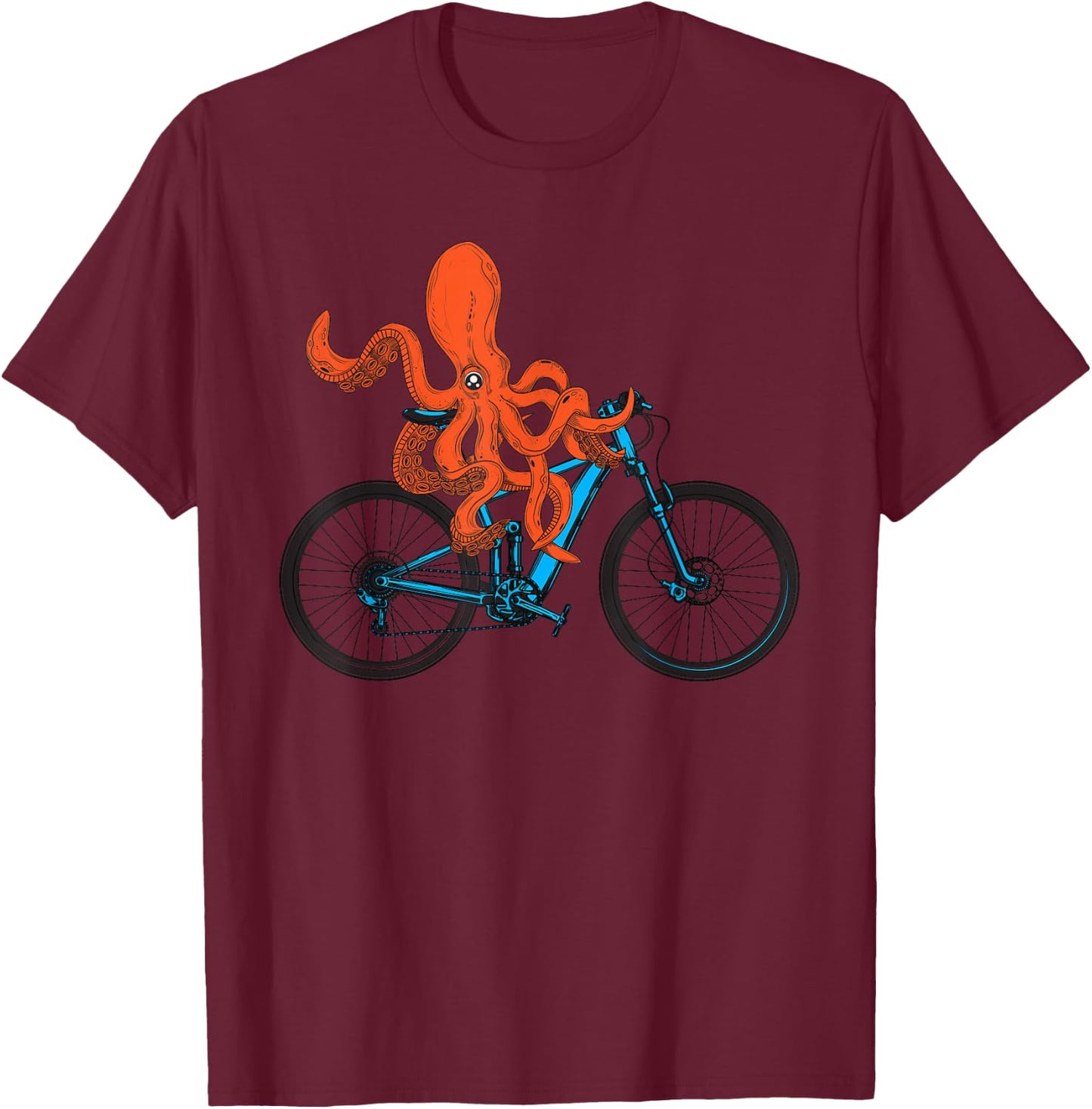 Octopus On Bicycle Cycling Eight Long Arms Graphic Print T-Shirt - T-Shirt | Maroon