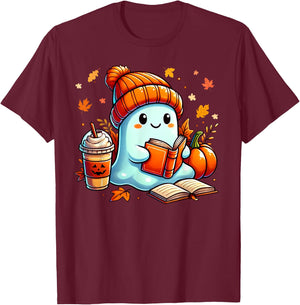 Cute Ghost Reading Book Lovers Halloween Coffee and Book T-Shirt - T-Shirt | Maroon
