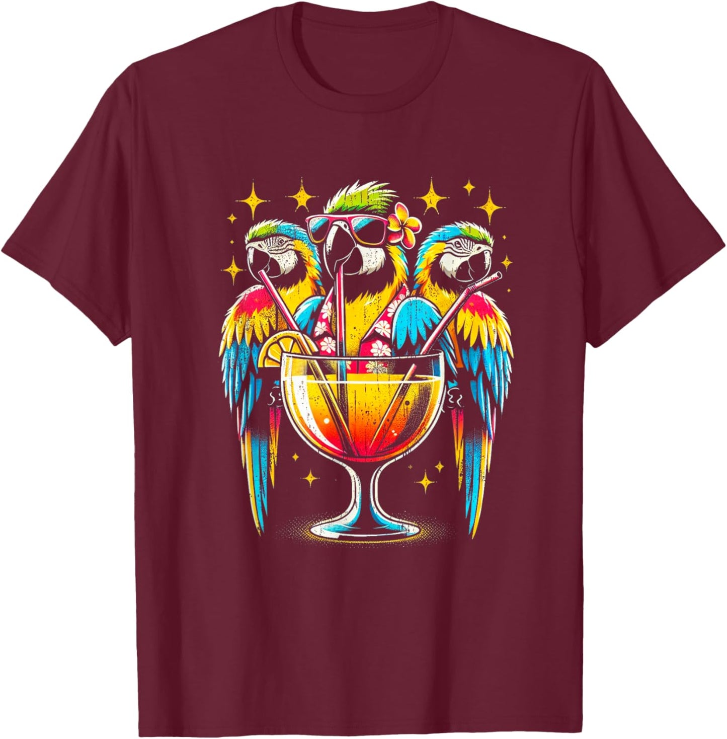 Parrots Drinking Margarita Tropical Birds Vacation Hawaiian T-Shirt - T-Shirt | Maroon