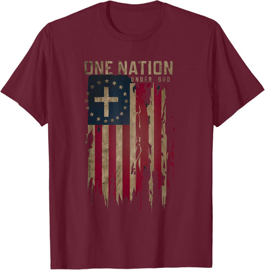 One Nation Under God Patriotic American Flag T-Shirt - T-Shirt | Maroon
