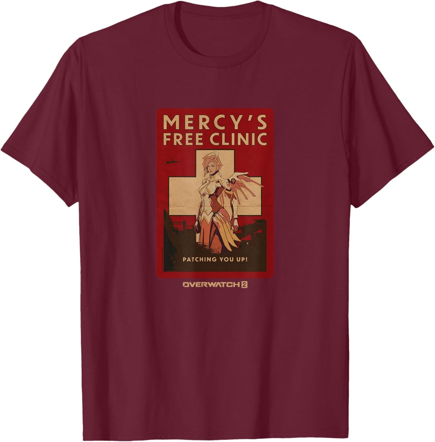 Overwatch 2 Mercy's Free Clinic Propaganda Big Chest Poster T-Shirt - T-Shirt | Maroon