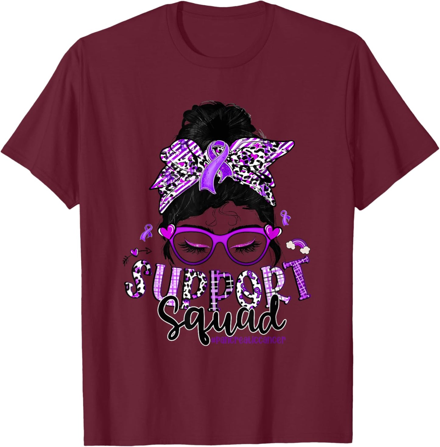 Leopard Messy Bun Support Squad Pancreatic Cancer T-Shirt - T-Shirt | Maroon