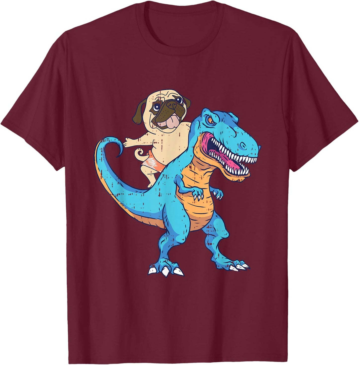 Pug Riding T-Rex Surfing Dinosaur Funny Dog Lover Gifts Women Girls Kids T-Shirt - T-Shirt | Maroon