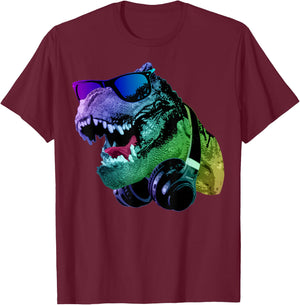 T Rex Tyrannosaurus Dinosaur With Sunglasses And Headphones T-Shirt - T-Shirt | Maroon