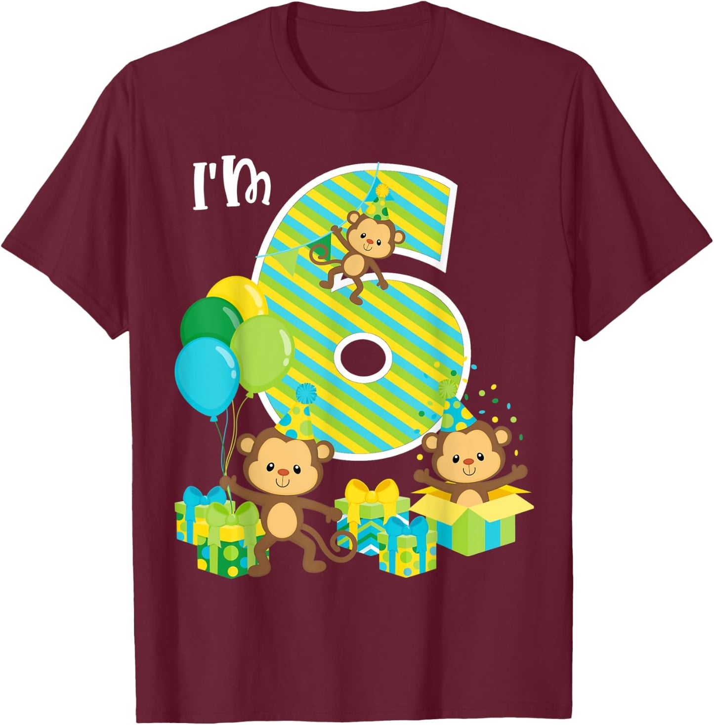 Birthday Monkey 6th Birthday Party Six Year Old Kid Toddler T-Shirt - T-Shirt | Maroon