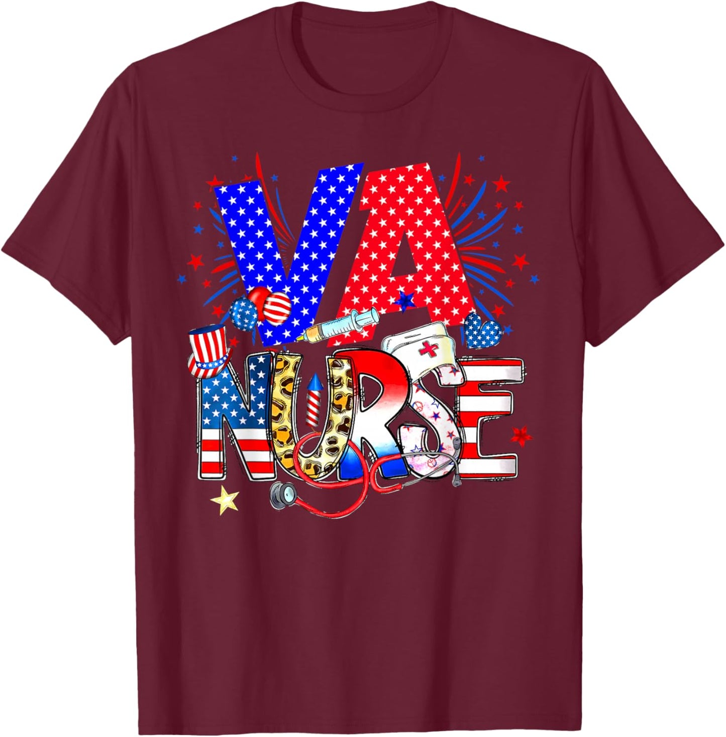 VA Nurse 4th Of July American Flag Stethoscope T-Shirt - T-Shirt | Maroon