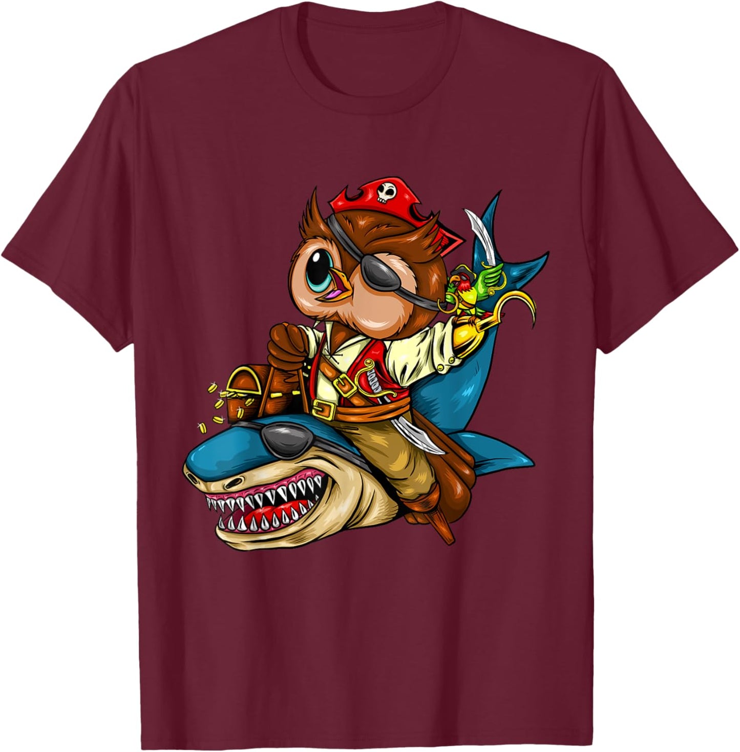Pirate Owl Riding Shark Halloween T-Shirt - T-Shirt | Maroon